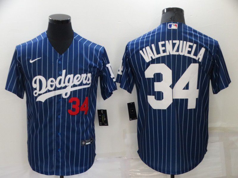 Men Los Angeles Dodgers #34 Valenzuela Blue stripe Game Nike 2022 MLB Jersey->los angeles dodgers->MLB Jersey
